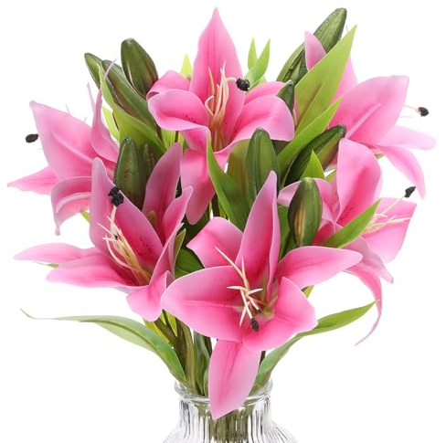 PATIKIL Lys Fausses Fleurs, 3pcs Lys Artificielle Fleurs Artificielle Lys Soie Faux Fleurs dans Vase Véritable Toucher pour Maison Table Décorations Manger Salle, Lumière Rose