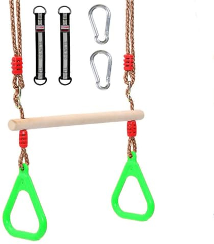 Morwealth Trapecio Columpio multifunción Infantil Columpio de Madera con Anillos de plástico, Anillos para Colgar, soporta hasta 120 kg para Interior y Exterior (Verde)