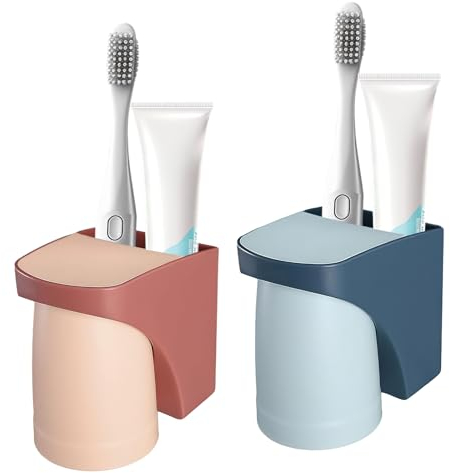 FIHODONE Lot de 2 porte-brosses à dents - Montage mural - En plastique - Sans perçage - Avec gobelet magnétique - Support de brosse à dents électrique pour famille