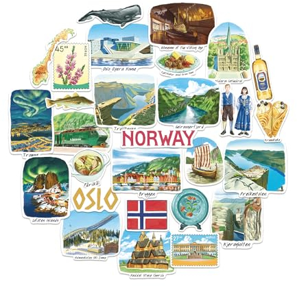 Navy Peony Nordische Norwegen Reiseaufkleber (28 Stück) - Aquarell, Skandinavien, Norwegen-Themen Urlaubsaufkleber für Journale, Scrapbooks, Wasserflaschen