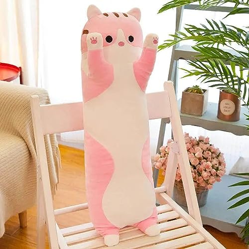 TRENSETGO Coussin en peluche en forme de chat sans fermeture éclair - Coussin de positionnement latéral - Coussin de jeter - Cadeau d'anniversaire pour petite amie, enfant, ami, amante - Rose - 90 cm
