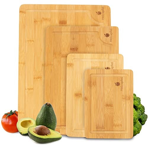 Holzapfel® 4er Set Schneidebrett Holz Bambus [lebensmittelecht & antibakteriell] - Holzbretter 4 Größen [INKL. KOCHBUCH] - Holzbrett, Küchenbrett & Schneidbrett Küche - Cutting Board Wood klein groß