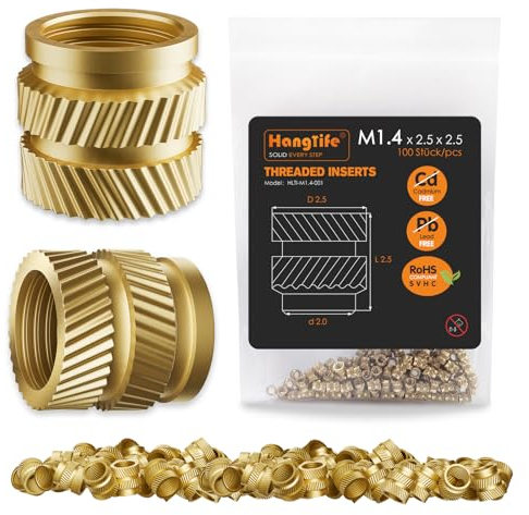 HANGLIFE Insertos Roscados de Ajuste Térmico, M1.4 Insertos de Tuercas para Componentes de Impresión 3D y Piezas de Plástico - Tuercas Moleteadas Métricas de Latón (100 Piezas)