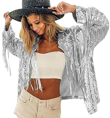 Damen Glitzer Pailletten Jacke Pailletten-Fransenjacke -Jacke Disco-Thema Country Konzert Rave Festival Outfits für Damen Langarm Bomberjacke Reißverschluss Fliegenjacke Bikerjacke (Silver, One Size)