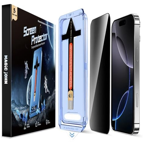 MAGIC JOHN 2 Stück für iPhone 16 ProMax (6,9 Zoll) Sichtschutz Glas, Auto-Dust-Eliminierung, 9H Härte Folie, Ultra-Klar Displayschutzfolie, Bläschenfrei, Einfache Installation