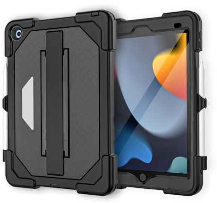 AdirMi Hülle für iPad 9./8./7. Generation (2021/2020/2019) 10,2 Zoll, Verbesserter Sturzschutz in Militärqualität [Eingebauter Displayschutz] [Ständer & Handhalterung] [Stifthalter]