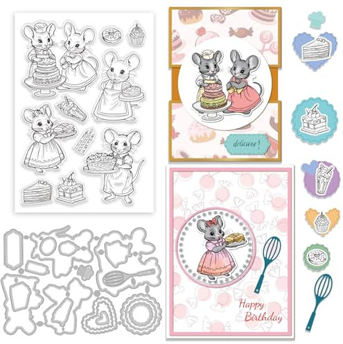GLOBLELAND Transparenter Stempel Mit Mausmotiv Stanzformen Set Für Kuchenetiketten Lebensmittel Desserts Silikon Transparente Stempel Metall Koch Stanzungen Für Die Kartengestaltung Und DIY Prägungen