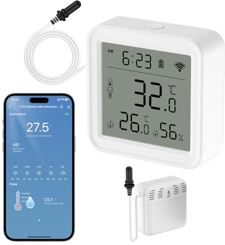 WIOONI WLAN Hygrometer Thermometer Innen, LCD Digital Luftfeuchtigkeitsmesser mit Bildschirm, Externem Sensor und für Gewächshaus Keller Reptilien Inkubator, Arbeit mit Smart Life/Tuya/Alexa