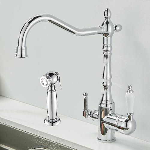 Robinet 3 Voies Cuisine Chromé Mitigeur Evier Avec Douchette Robinet De Cuisine Retro Avec Bec À 2 Sorties 3 En 1 Mélangeur De Cuisine