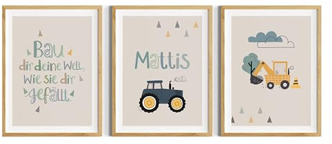 Generisch Kinderzimmer Bilder Junge, Wanddeko mit einem Traktor, Kinderspruch, Bagger als 3er Set ohne Rahmen (Beige, DIN A4 (21 × 29,7 cm))