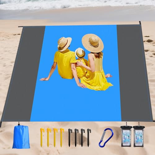 KIMIGO Coperta da Picnic 200×210 cm,Coperta Picnic Impermeabilecon 8 Picchetti Fixed,Tappetino da Spiaggia con 2 Custodie Impermeabili per Cellulare,per Picnics,Spiaggia,Viaggi,Escursionismo