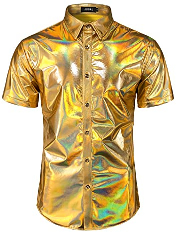 JOGAL Mens Metallic Shiny Nightclub Styles Short Sleeves Button Down Dress Shirts GoldShimmer Small