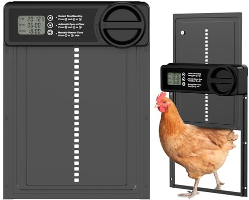 Budsom automatisk hönshusdörr – automatisk hönshusöppnare i aluminium med anti-nyp sensor, batteridriven smart timer och LCD-skärm, vattentät för höns ankor gäss fjäderfä