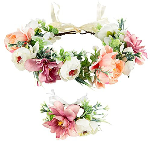 Blumenkranz Haarreif Haarschmuck für Damen,Rose Braut Haarschmuck mit Armband-Set,Blumenstirnband Verstellbarer Gürtel,für Hochzeit Zeremonie Festival Party Strand (Lila, Kranz + Armband)