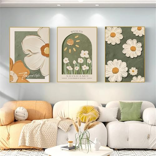 AQCQDQ 3er Set Poster Grün Aquarell Wandbilder Wohnzimmer Schlafzimmer, Frühling Blumen Aesthetic Boho Bilder, Ohne Rahmen Leinwand Bild Wohnzimmer Schlafzimmer Badezimmer Wanddeko (50x70 cm,#01)
