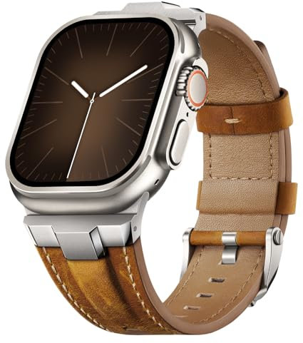 Suitisbest Genuine Leather Band Compatible for Apple Watch Ultra 3/2/1 Straps 49mm 46mm 45mm 44mm 42mm, Rugged Metal Connector Strap for Women Men iWatch SE 3 Series 11 10 9 8 7 6 5 4 3 2 1