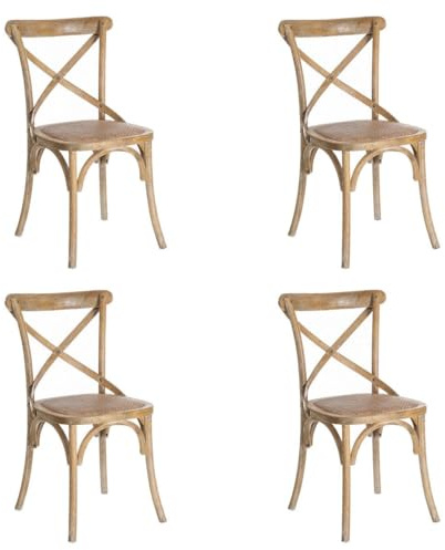 4 sillas de comedor Aspas de madera de olmo marrón y asiento de ratán | Respaldo cruzado. Diseño icónico retro. Asiento de ratán trenzado en tono natural. Patas con topes antiarañazos. No apilable.