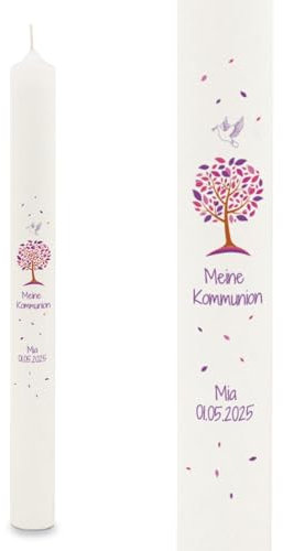 GRAVURZEILE Bedruckte Stabkerze - Lebensbaum - Personalisiert mit Name & Datum - Geschenk zur Taufe, Kommunion oder Konfirmation - Für Jungen & Mädchen - Altarkerze 400/40 mm - Farbe: Lila