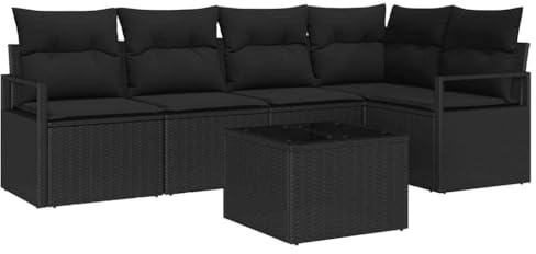 vidaXL 6-teiliges Garten-Sofa-Set mit Kissen in Schwarz aus Poly-Rattan | Modularer, wetterfester Outdoor-Sitzbereich für große Terrassen-Lounges