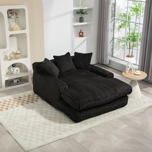 Soweiz Modernes Cord-Schlafsofa Cloud Couch mit 3 weichen Kissen, bequemes Einzelsitz-Bodensofa für Wohnzimmer Wohnung Büro, 125x155x63cm (Schwarz)