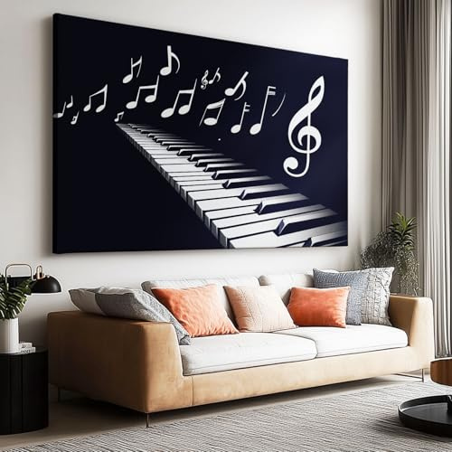 Generisch Leinwand Bilder 120 x 60 cm (L x B) für Schlafzimmer Wohnzimmer Deko, Retro Musiknoten Klaviertasten Streifen Kunstdruck Wandbild, Schwarz Moderne Wand Dekoration Poster ohne Rahmen