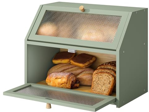 Bread Box for Kitchen Countertop Bin Double Layer Bread Box Storage Container Extra Large Capacity Farmhouse with Diamond Pattern Windows (Green, Large)