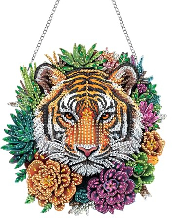 MOMAKA Tiger Diamond Painting Fensterbilder, Diamond Painting Anhänger, Diamond PaintingTiere Und Pflanzen, Diamant Painting mit Kette, Wandbehang Kits für Fenster Wand Eingang Garten Decor 20x20cm