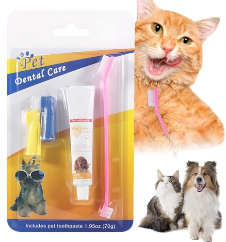 Cats & Dog Toothpaste and Brush Care Set, Including Cats & Dog Tooth Brush, Paste and 2Pcs Finger Toothbrushes. Gentle Formula, Freshen Breath, Used to Fight Tartar and Remove Bad Breath
