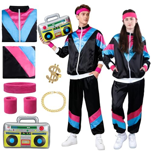 Kitimi 80er 90er Jahre Outfit Herren Damen, 80er Trainingsanzug Jogginganzug Faschingskostüme Männer Unisex 80s Tracksuit Disco Jacke und Hose Anzug 90s Accessoire Bad Taste für Mottoparty Karneval
