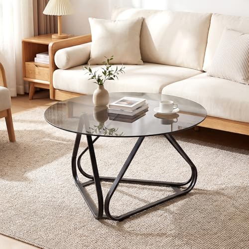 COSTWAY Table Basse Ronde 80 cm en Verre Trempé, Table de Salon Transparente, Base Métallique Stable, Design Croisé, 6 Patins Réglables, Table d’Appoint Moderne pour Appartement, Maison (Noir)