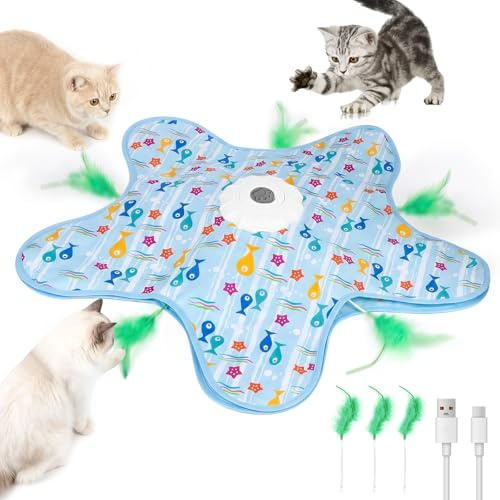 BEE&FLOWER Interactive Cat Toy - Automatic Hide and Seek Cat Toy with 3 Moving Feather Mouse Squeaky USB Rechargeable for Indoor Cats Kitten