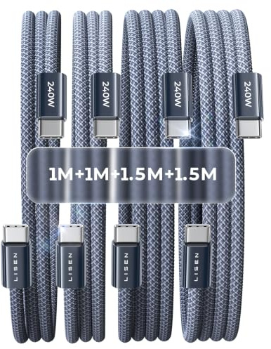 LISEN Cable USB C 240W, [Pack de 4 / 1M+1M+1.5M+1.5M] Cable USB C a USB C, Cable de Carga Rápida PD 3.1 para iPhone 17 Pro Max/iPhone Air/16/15, Samsung Galaxy S25, MacBook Pro/Air, iPad Pro