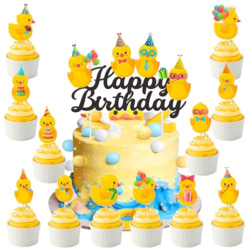 Silars Tortenaufleger Gelbe Ente, 1+12pcs Kuchen Deko Geburtstag Enten Muffin Deko, Tortendeko Gelbe Ente für Kuchen DIY Deko für Geburtstag, Babyparty, Kindergeburtstag
