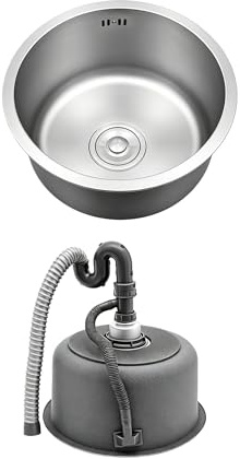 Fregadero redondo de acero inoxidable, 41 cm, con rebosadero, pequeño para cocina, camping y autocaravana, incluye tubo de desagüe y rebosadero