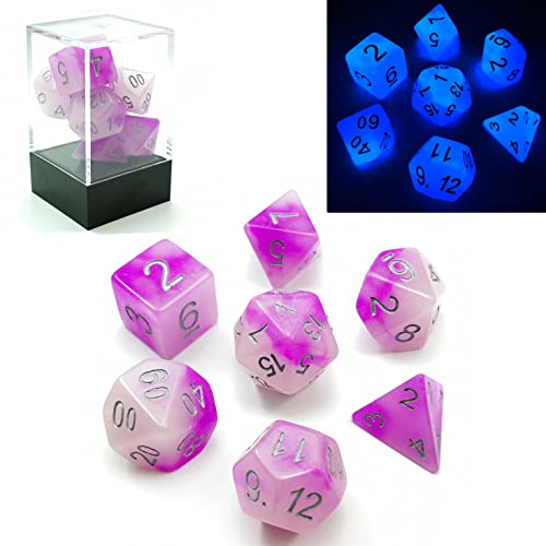 Bescon Two Tone Glowing Polyhedral Dice 7pcs Set Frosty Amethyst, Luminous RPG Dice Glow in Dark, DND Role Playing Game Dice