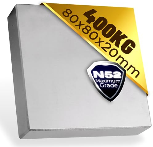 Neodym Magnet N52 400 Kg - Neodym Magnete Extra Stark - Super Magneten Quader Groß - 80x80x20 mm Power Block Platte