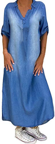 DAY8 Vestiti Jeans Donna Estivi Lunghi Abito Donna Elegante Manica Corta con Spacco Vestito Denim Donna Lungo Estivo Abiti Larghi Donna Taglie Forti Casual (Blu, L)