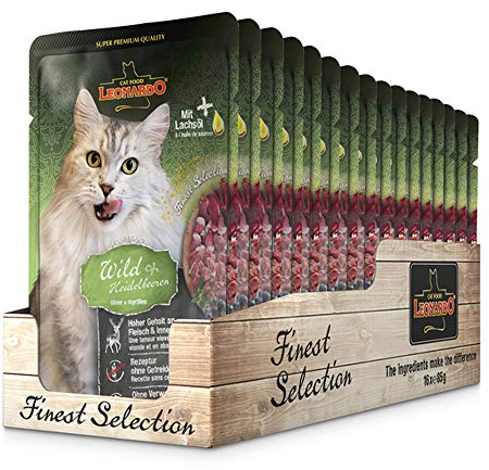 Leonardo Frischebeutel [16x85g Wild + Blueberry] | Getreidefreies Nassfutter für Katzen | Feuchtfutter Alleinfutter im Einzelportionsbeutel