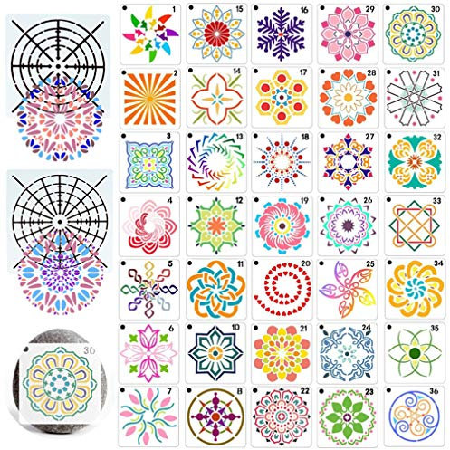 RuiChy 38 Stück Mandala Schablonen, Flexibel Wiederverwendbar Mandala Dotting Segmentvorlagen, Zeichenschablonen zum DIY Malen Holz Wand Stoffen Metall Stein Felsmalerei Basteln Projekte (9cm x 9cm)