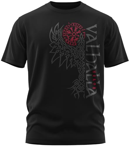 North Legendary Wikinger T-Shirt Herren – Valhalla Rabe | Wikinger Tshirt in Schwarz: Rabe, Kompass-Symbol und Schriftzug Valhalla – 6 Akzentfarben, S bis 5XL, Wikinger Kleidung