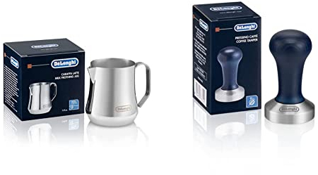 De'Longhi DLSC058 Kaffee-Tamper aus Edelstahl mit Holzgriff, blau/silber & Milchkännchen DLSC060, 350 ml, Edelstahl