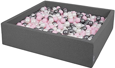 KiddyMoon Piscina De Bolas 120X30cm/600 Bolas El Cuadrado Grande para Ninos,Hecha En La UE, Gris Oscuro:Perla/Rosa Claro/Plata