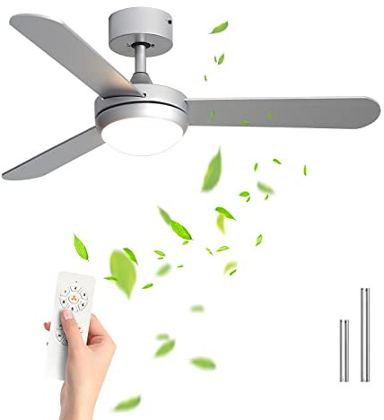 XEMQENER 42 inch Ceiling Fan with Light, LED LED Fan Ceiling Lamps with Remote for Bedroom Lounge Living Room (Silver, Reversible Function, 3000-6000K, 3 Blades)