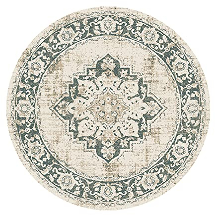 FRAAI | Home & Living Teppich Vintage Rund - Spring Medaillon Creme Grün - Polypropylen - Kurzflor - Vintage - Boho, Orientalisch - Wohnzimmer, Esszimmer, Schlafzimmer - Carpet