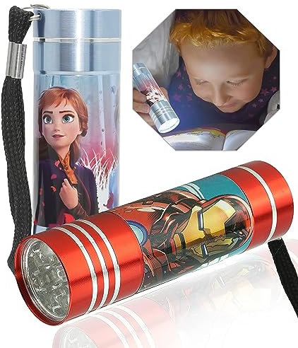 Lot de 2 Torches de Poche en Aluminium 9 LED Personnages TV Avengers Rouge et Reine des Neiges Bleu Clair Lampe de Poche Idéal pour Camping Garage Meilleur pour Enfants Unisexe 3+ ans
