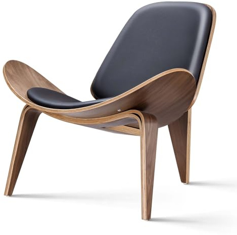 Furgle Mid Century Modern Shell Lounge Chair, PU Leather, Tripod Plywood Classic Design Solid Wood Accent Chairs for Living Room, Reading, Lounge, Office, Salon(Walnut)