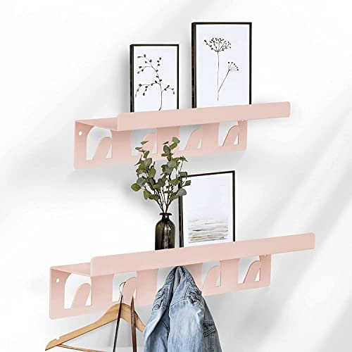 KARAT Lot de 2 étagères murales en métal Pratiques - Rose ou Vert - Décoration de pièce - Finition Robuste et Facile à Installer - Porte-Manteau Mural - Étagère Flottante (avec Crochets, Rose)