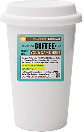 Getagift Personalised Name Coffee Prescription Dual Wall Eco Insulated White Ceramic Travel Mug with White Lid.