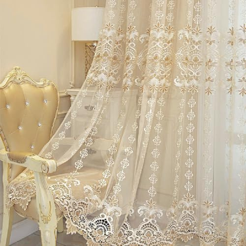 Amidoudou 1 Paar Europäische Gestickte Jacquard ösen Vorhänge Luxus Elegante Tüll Vorhänge Für Schlafzimmer Wohnzimmer (Gold,2-Set H 245 x B 140 cm)