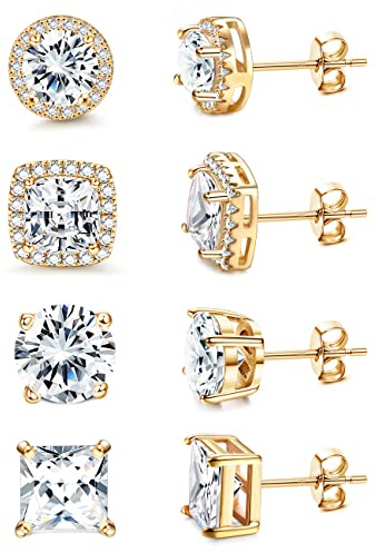 MILACOLATO Cubic Zirconia Stud Earrings Women Men 18K Yellow Gold Plated Hypoallergenic Sterling Silver Post Earrings Brilliant Large Simulated Diamond Halo Stud Earrings for Sensitive Ears